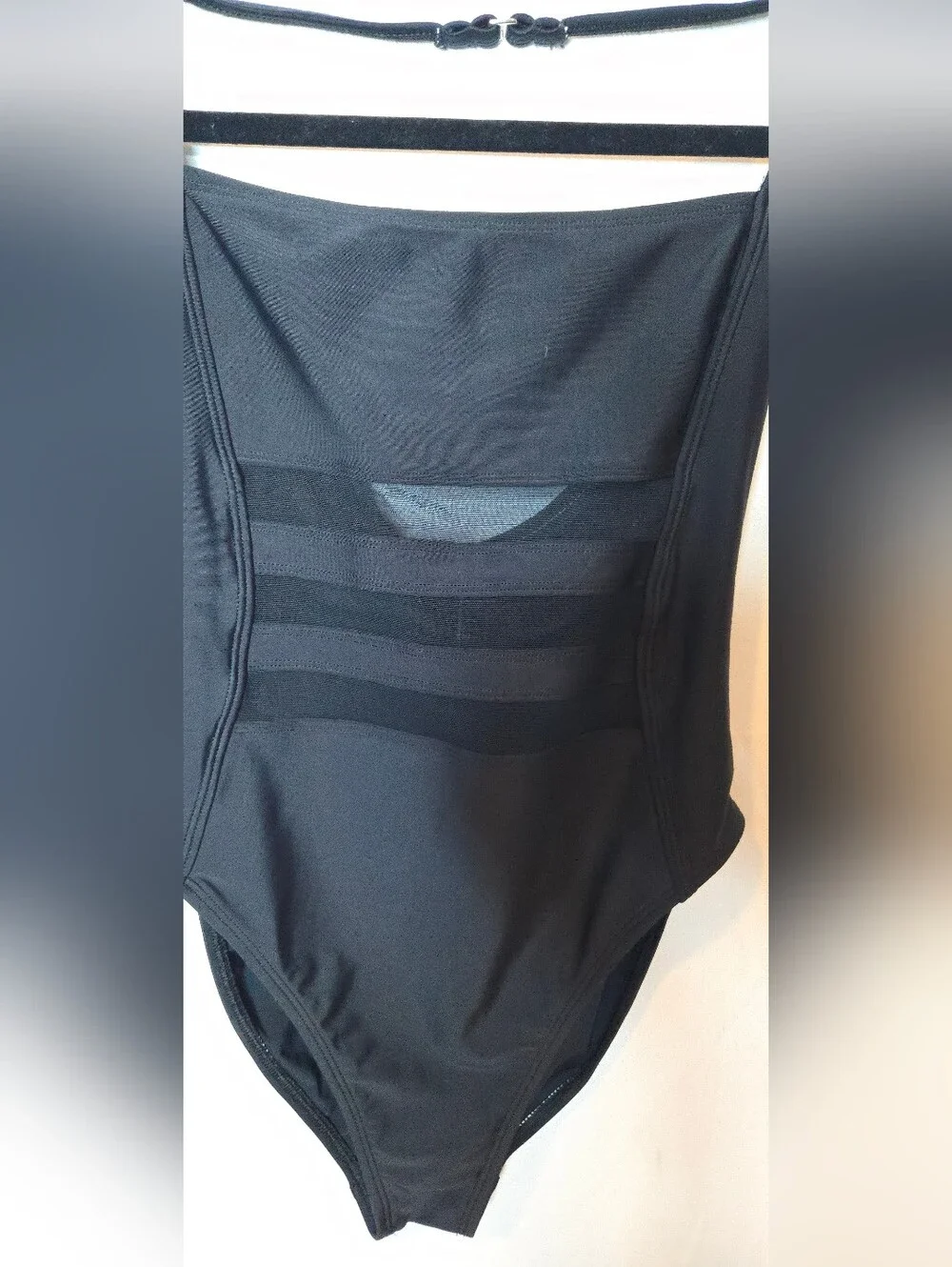 La Blanca Womens 10 Black One-Piece Swimsuit Sheer Mesh Stripe Panels